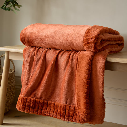 Catherine Lansfield Velvet And Faux Fur Throw - Burnt Orange