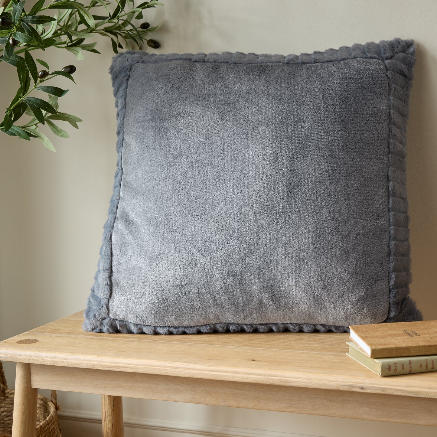 Catherine Lansfield Velvet And Faux Fur Filled Cushion - Charcoal