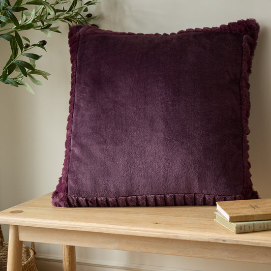 Catherine Lansfield Velvet And Faux Fur Filled Cushion - Plum