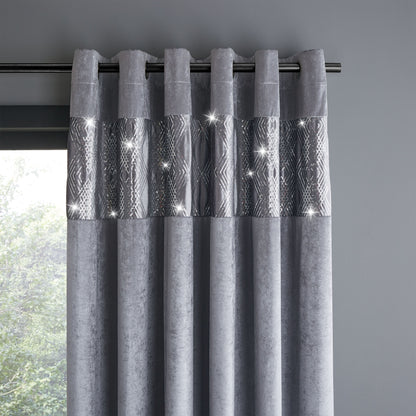 Catherine Lansfield Crushed Velvet Glamour Sequin Eyelet Curtains - Grey