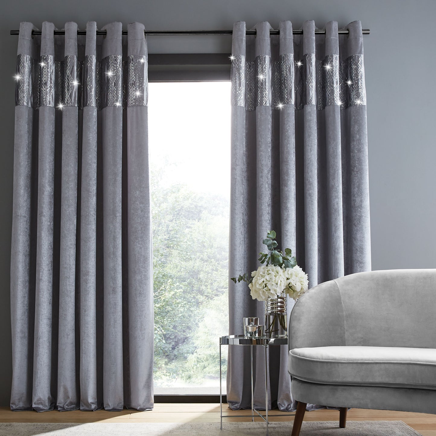 Catherine Lansfield Crushed Velvet Glamour Sequin Eyelet Curtains - Grey