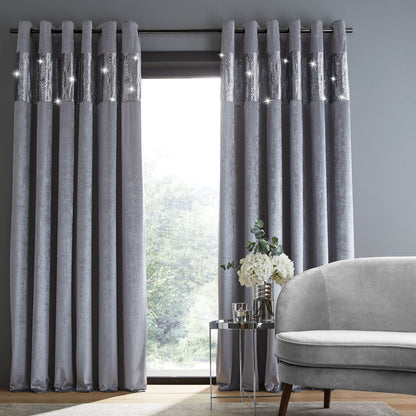Catherine Lansfield Crushed Velvet Glamour Sequin Eyelet Curtains - Grey