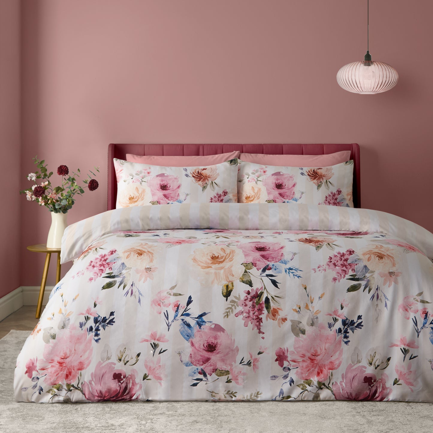 Catherine Lansfield Floral Stripe Duvet Cover Set - Cream