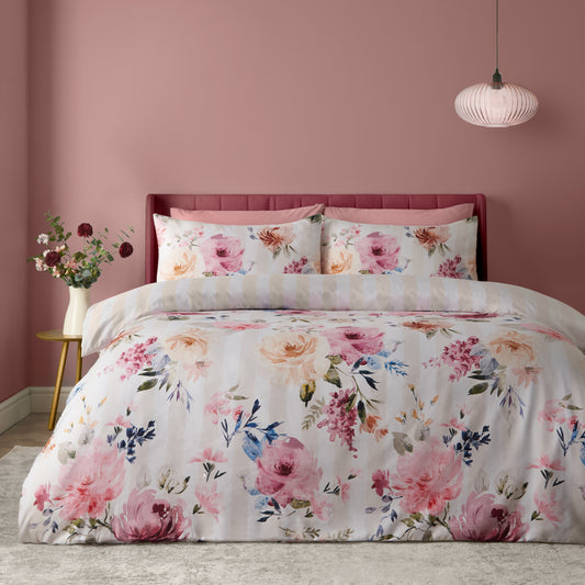 Catherine Lansfield Floral Stripe Duvet Cover Set - Cream