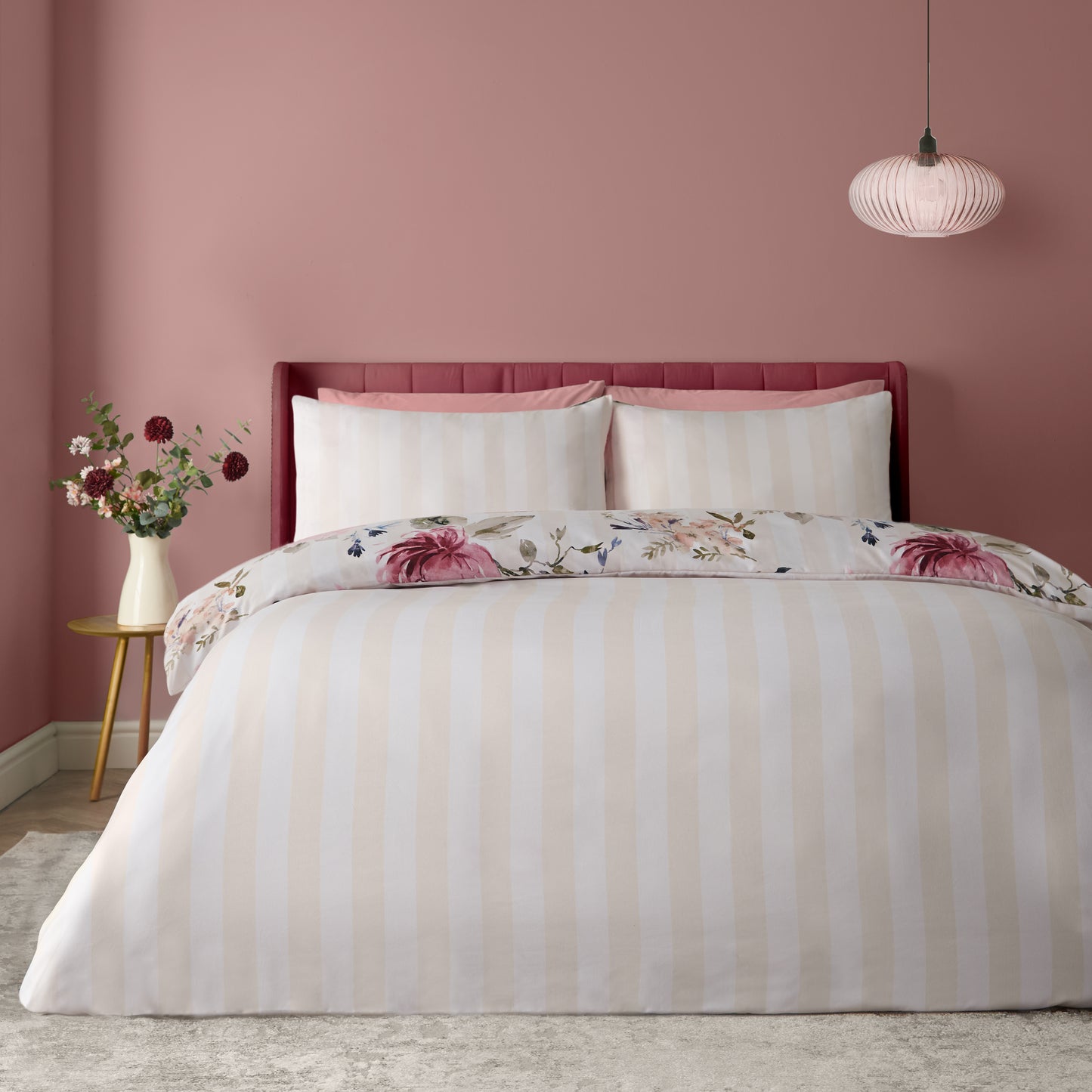 Catherine Lansfield Floral Stripe Duvet Cover Set - Cream