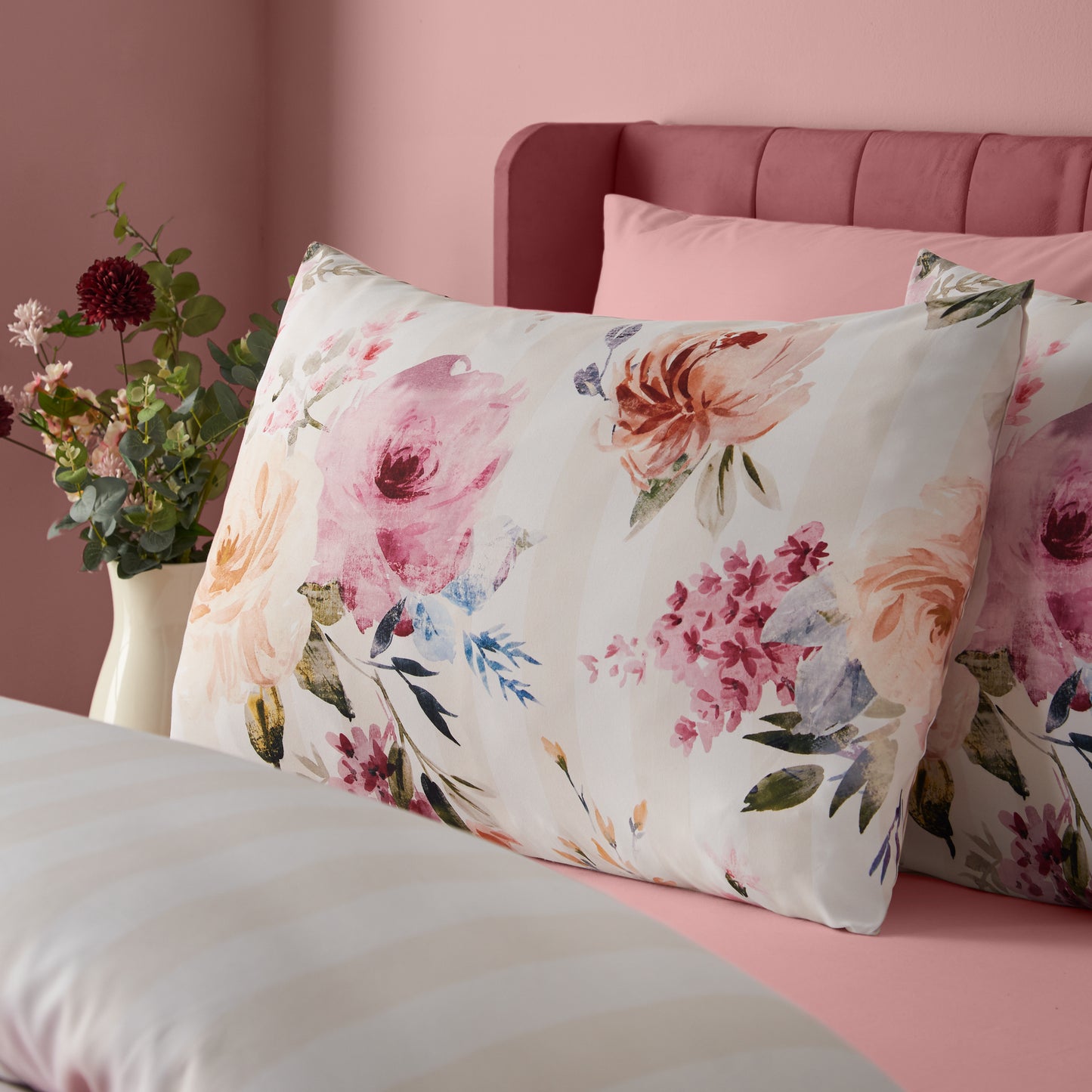 Catherine Lansfield Floral Stripe Duvet Cover Set - Cream