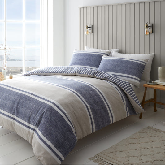 Catherine Lansfield Textured Banded Stripe Duvet Cover Set - Blue
