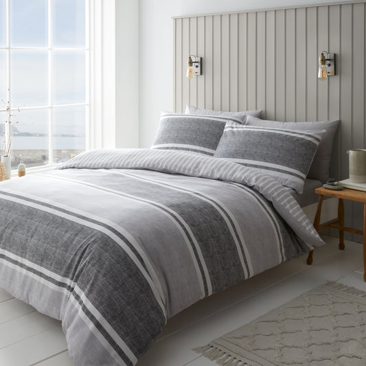 Catherine Lansfield Textured Banded Stripe Duvet Cover Set - Charcoal