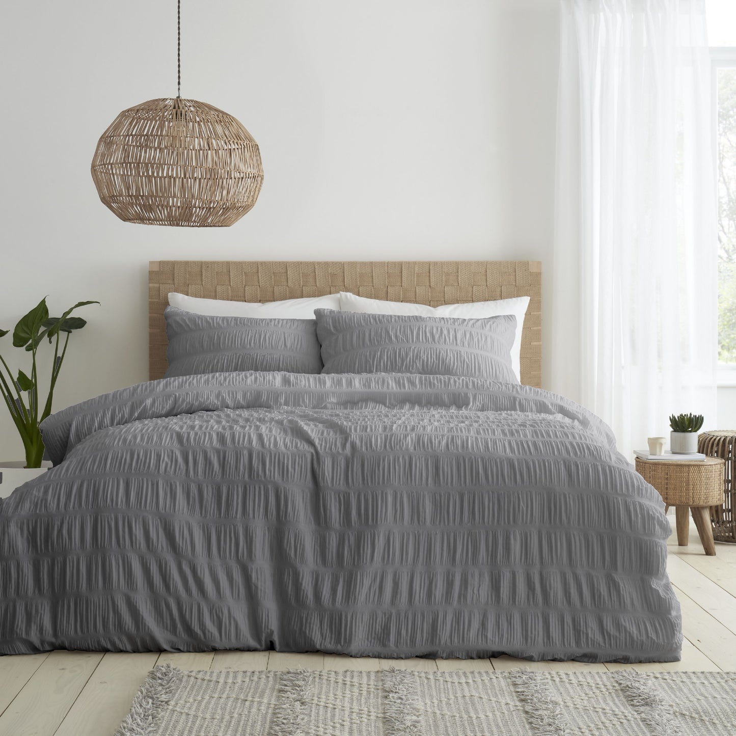 Catherine Lansfield Seersucker Duvet Cover Set - Grey