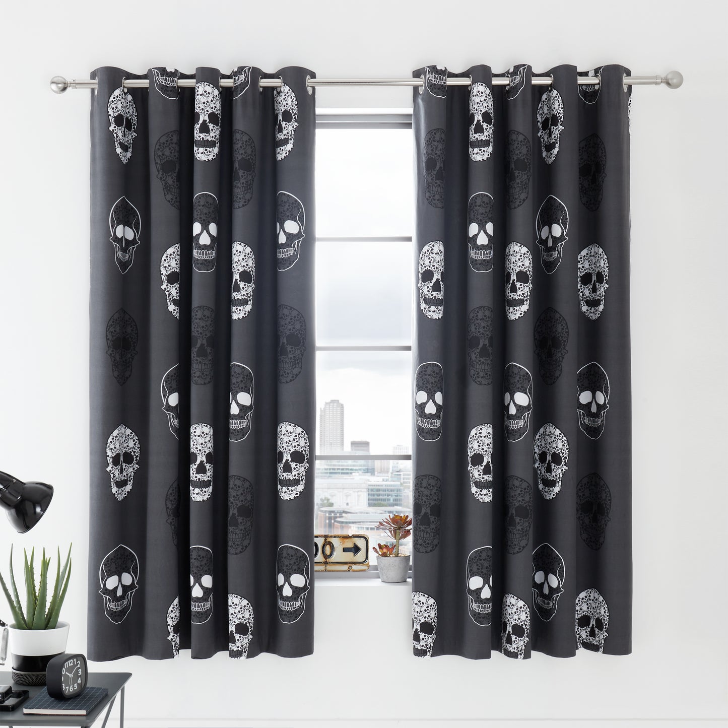 Catherine Lansfield Skulls Eyelet Curtains