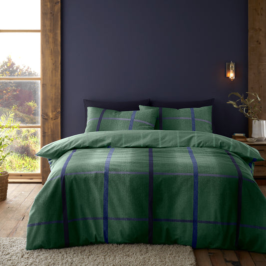 Catherine Lansfield Brushed Melrose Tweed Check Duvet Cover Set - Green