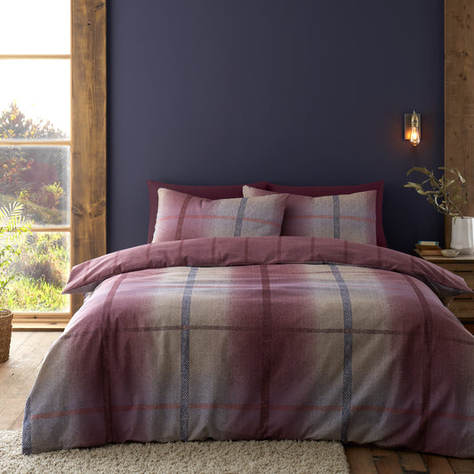 Catherine Lansfield Brushed Melrose Tweed Check Duvet Cover Set - Plum