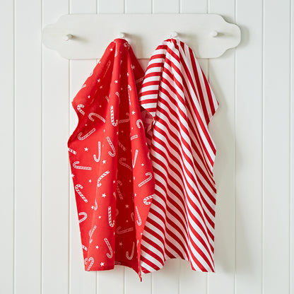 Catherine Lansfield Christmas Candy Cane Tea Towels (Pack of 4) - Red