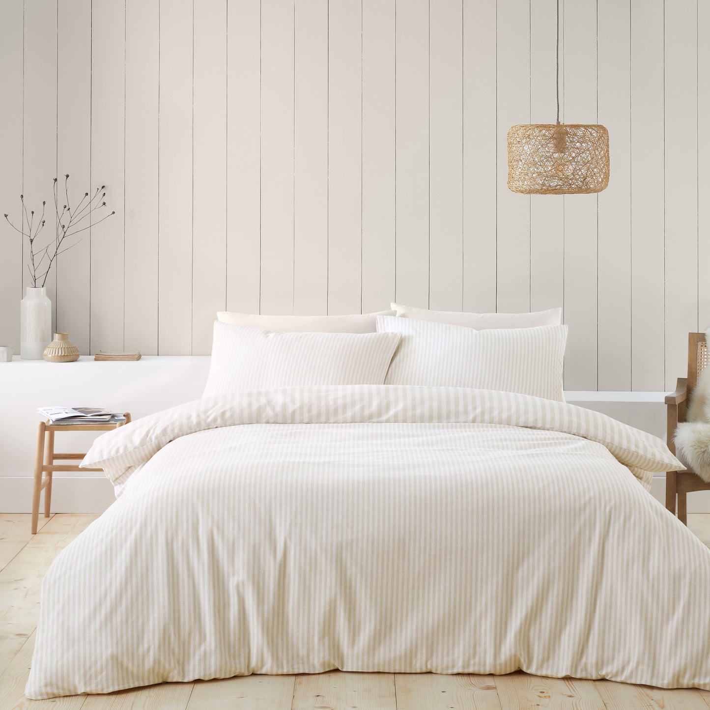 Catherine Lansfield Brushed Stripe Duvet Cover Set - Natural