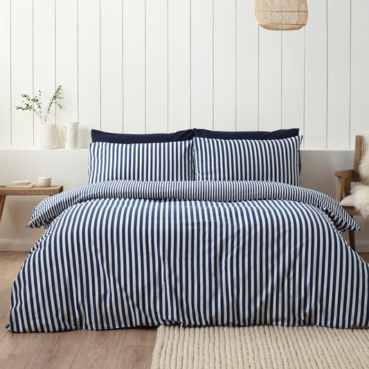 Catherine Lansfield Brushed Stripe Duvet Cover Set - Navy