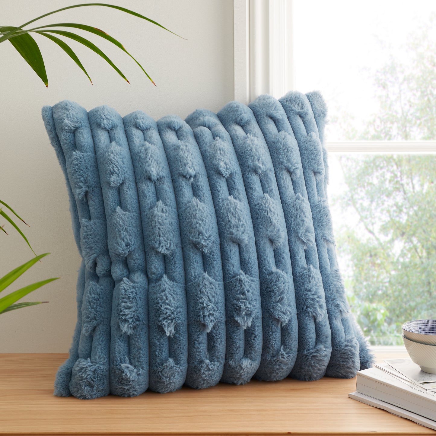 Bianca Carved Faux Fur Filled Cushion - Blue