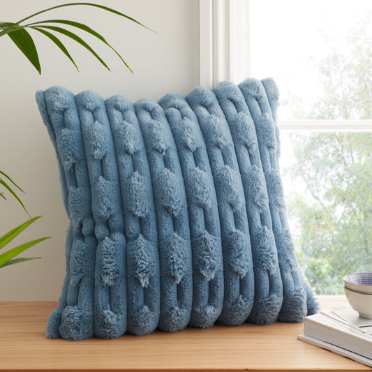 Bianca Carved Faux Fur Filled Cushion - Blue