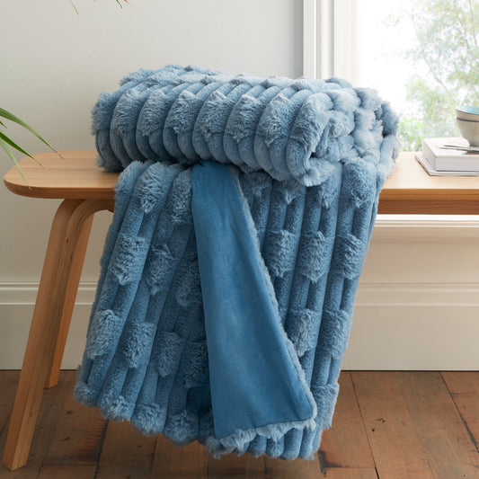 Bianca Carved Faux Fur Throw - Blue