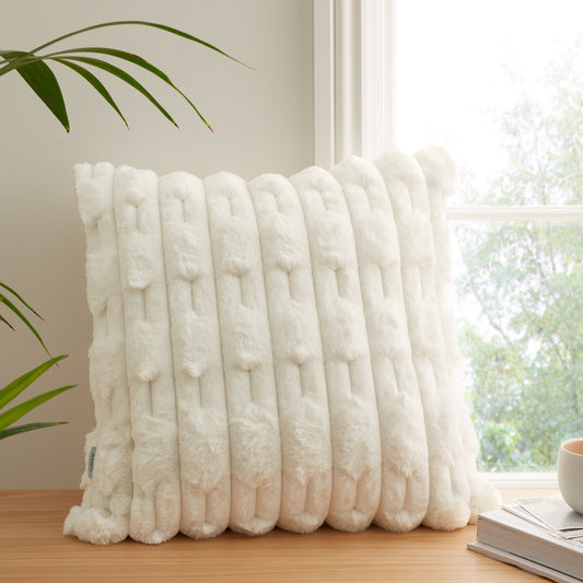 Bianca Carved Faux Fur Filled Cushion - Cream