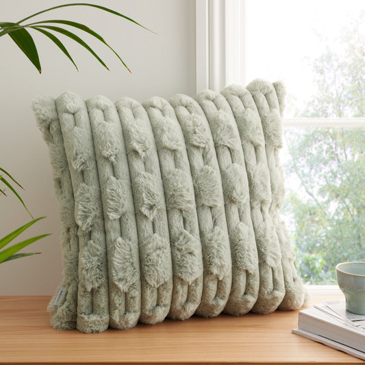 Bianca Carved Faux Fur Filled Cushion - Sage