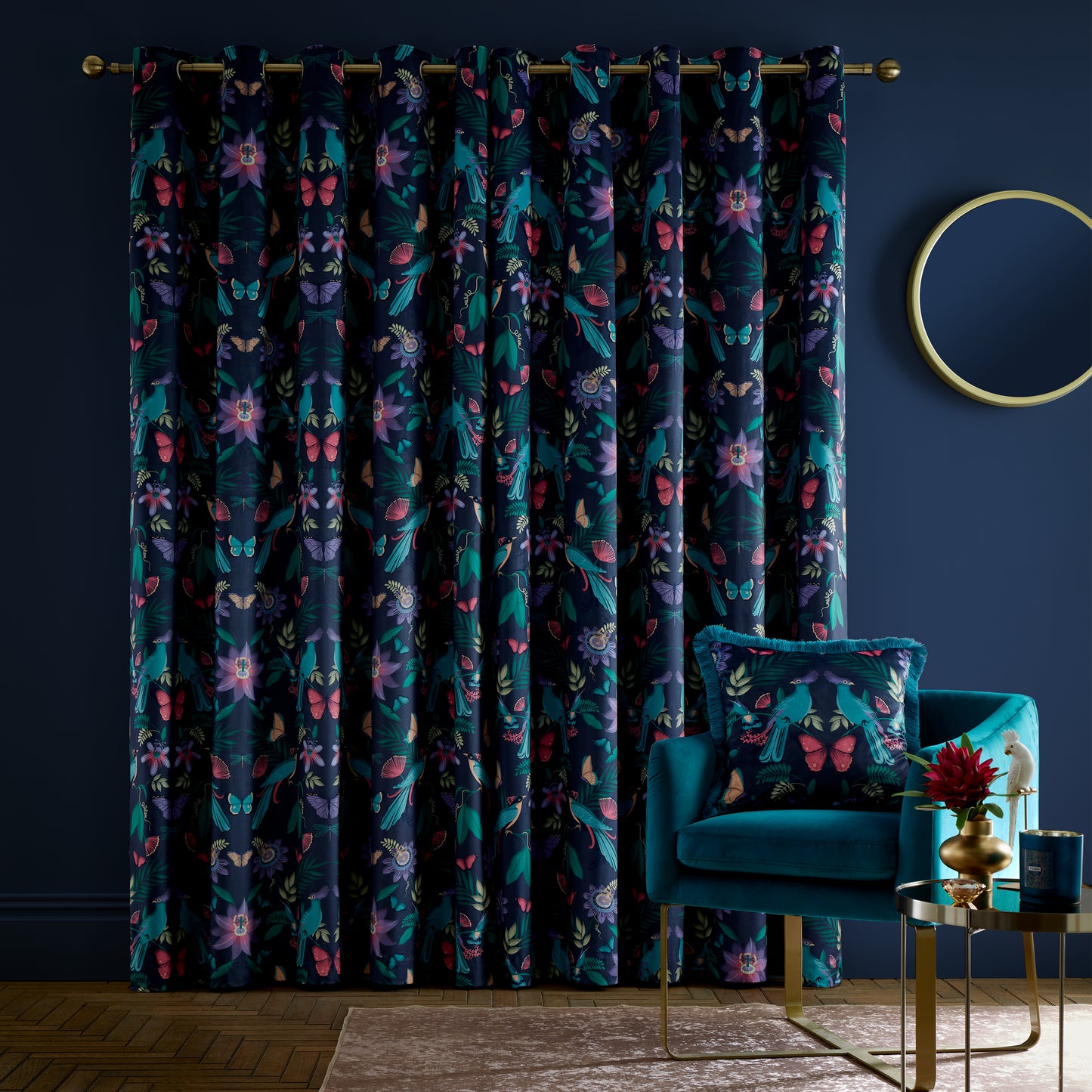 Catherine Lansfield Mya Tropical Birds Eyelet Curtains - Navy