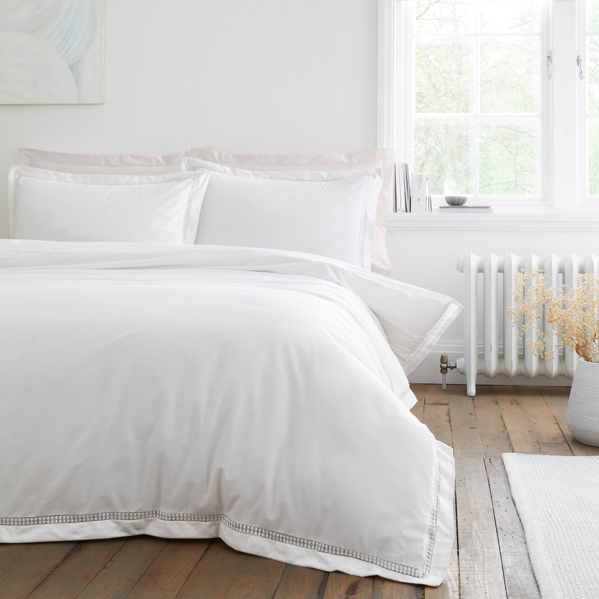 Bianca Oxford Lace Trim Duvet Cover Set - White