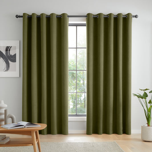 Catherine Lansfield Wilson Velvet Blackout Thermal Eyelet Curtains - Olive