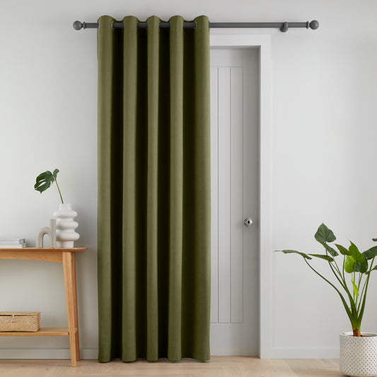 Catherine Lansfield Wilson Velvet Blackout Thermal Eyelet Door Panel Curtain - Olive