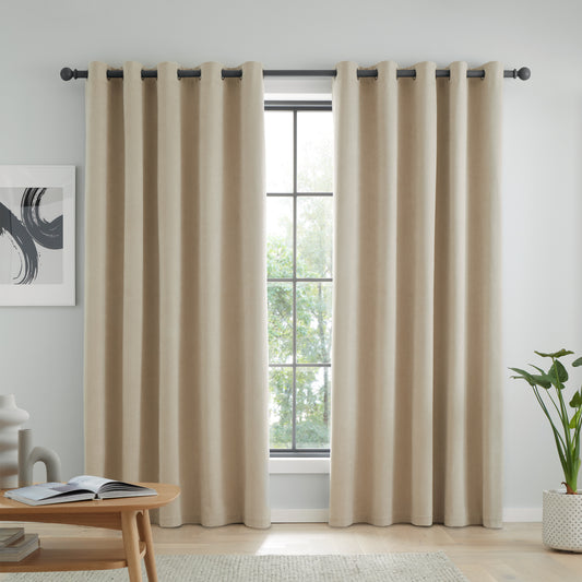 Catherine Lansfield Wilson Velvet Blackout Thermal Eyelet Curtains - Natural