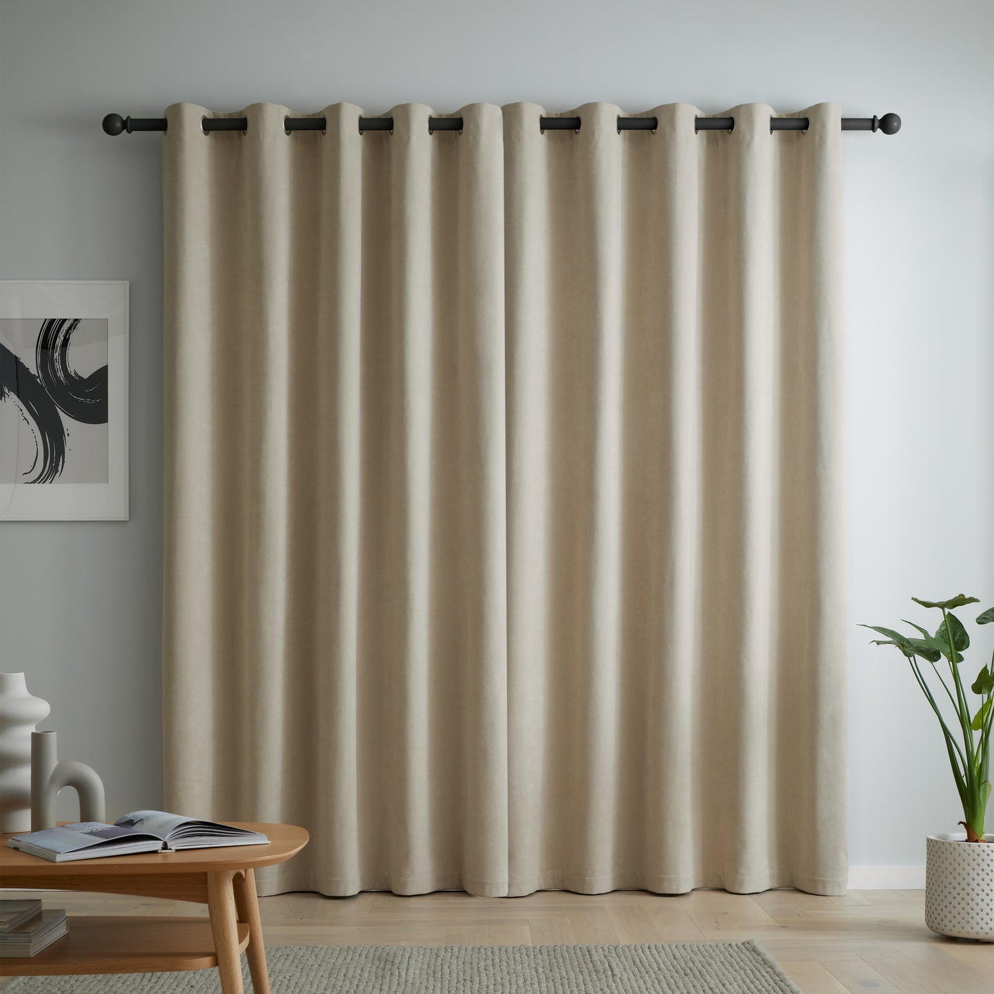 Catherine Lansfield Wilson Velvet Blackout Thermal Eyelet Curtains - Natural