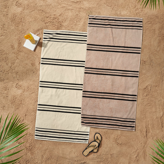 Catherine Lansfield Banded Stripe Cream & Natural Beach Towels (Twin pack)