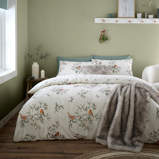 Catherine Lansfield Brushed Mistletoe Robins Duvet Cover Set