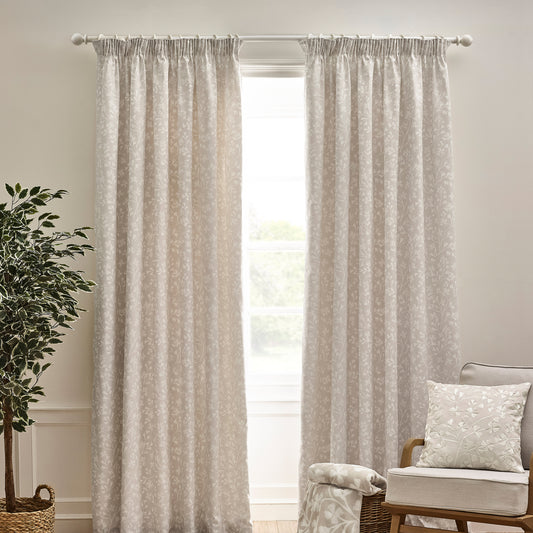 Catherine Lansfield Brooke Floral Pencil Pleat Curtains - Natural