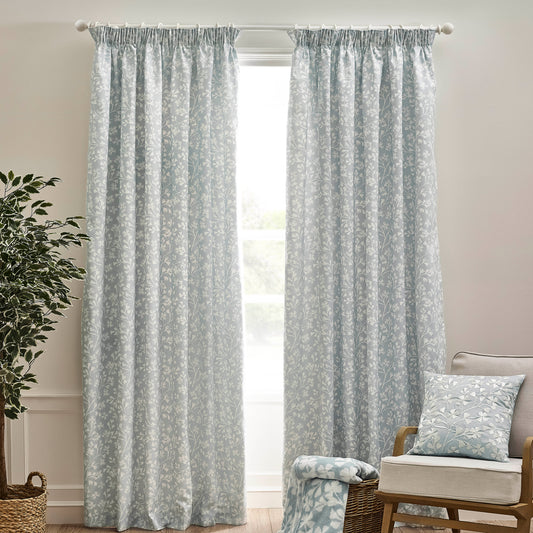 Catherine Lansfield Brooke Floral Pencil Pleat Curtains - Duck Egg