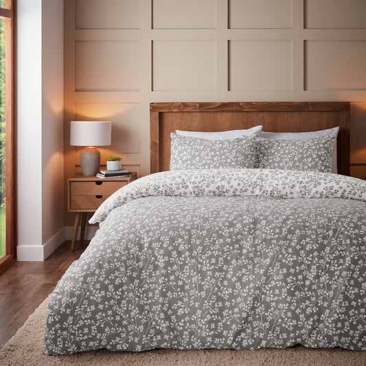 Catherine Lansfield Brushed Grace Floral Leaf Duvet Cover Set - Grey