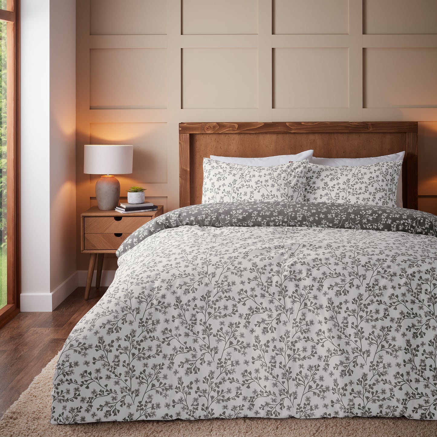 Catherine Lansfield Brushed Grace Floral Leaf Duvet Cover Set - Grey
