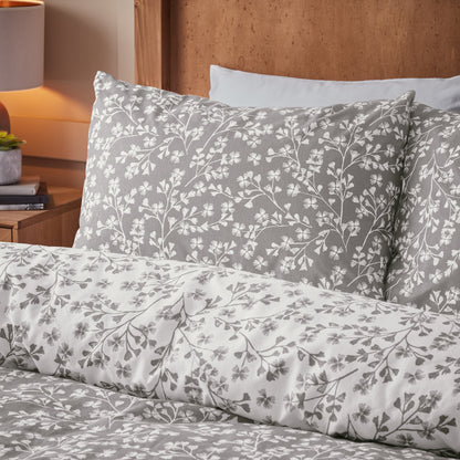 Catherine Lansfield Brushed Grace Floral Leaf Duvet Cover Set - Grey