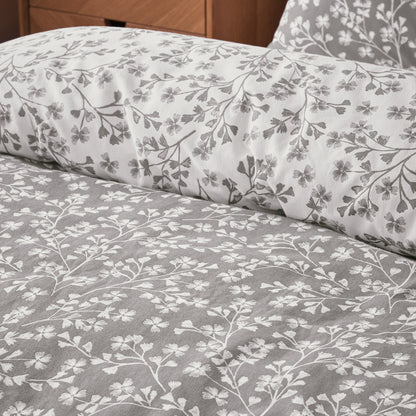 Catherine Lansfield Brushed Grace Floral Leaf Duvet Cover Set - Grey