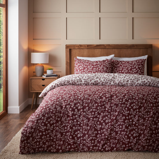 Catherine Lansfield Brushed Grace Floral Leaf Duvet Cover Set - Red