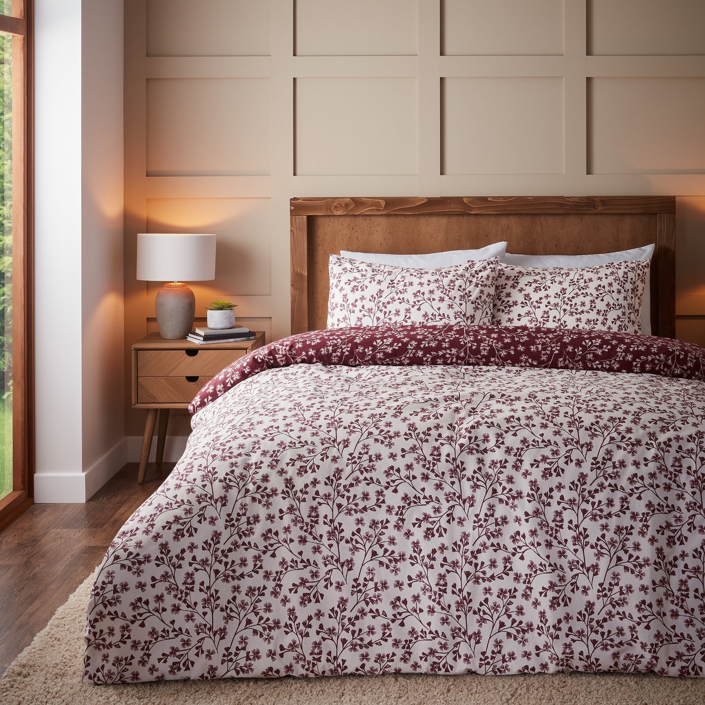 Catherine Lansfield Brushed Grace Floral Leaf Duvet Cover Set - Red
