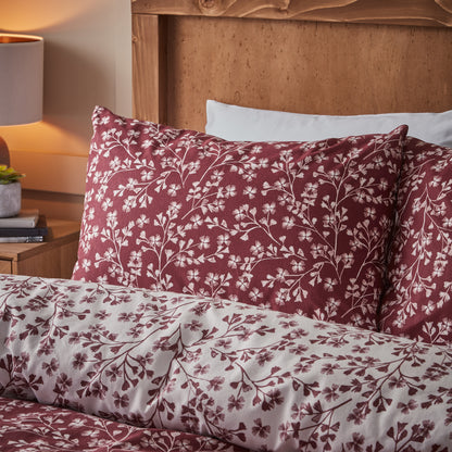 Catherine Lansfield Brushed Grace Floral Leaf Duvet Cover Set - Red