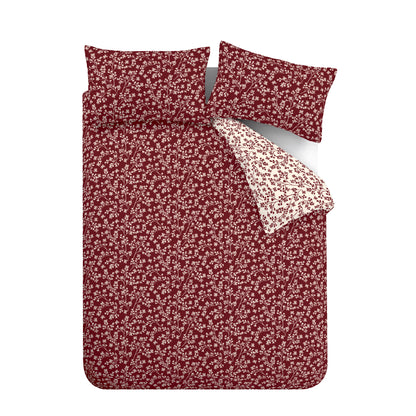 Catherine Lansfield Brushed Grace Floral Leaf Duvet Cover Set - Red