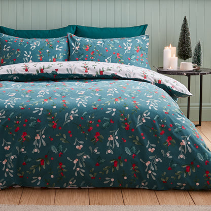 Catherine Lansfield Brushed Christmas Holly & Mistletoe Duvet Cover Set