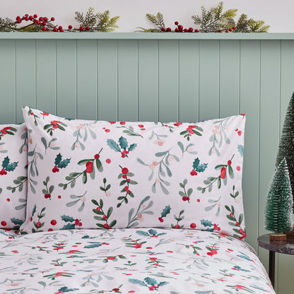 Catherine Lansfield Brushed Christmas Holly & Mistletoe Duvet Cover Set