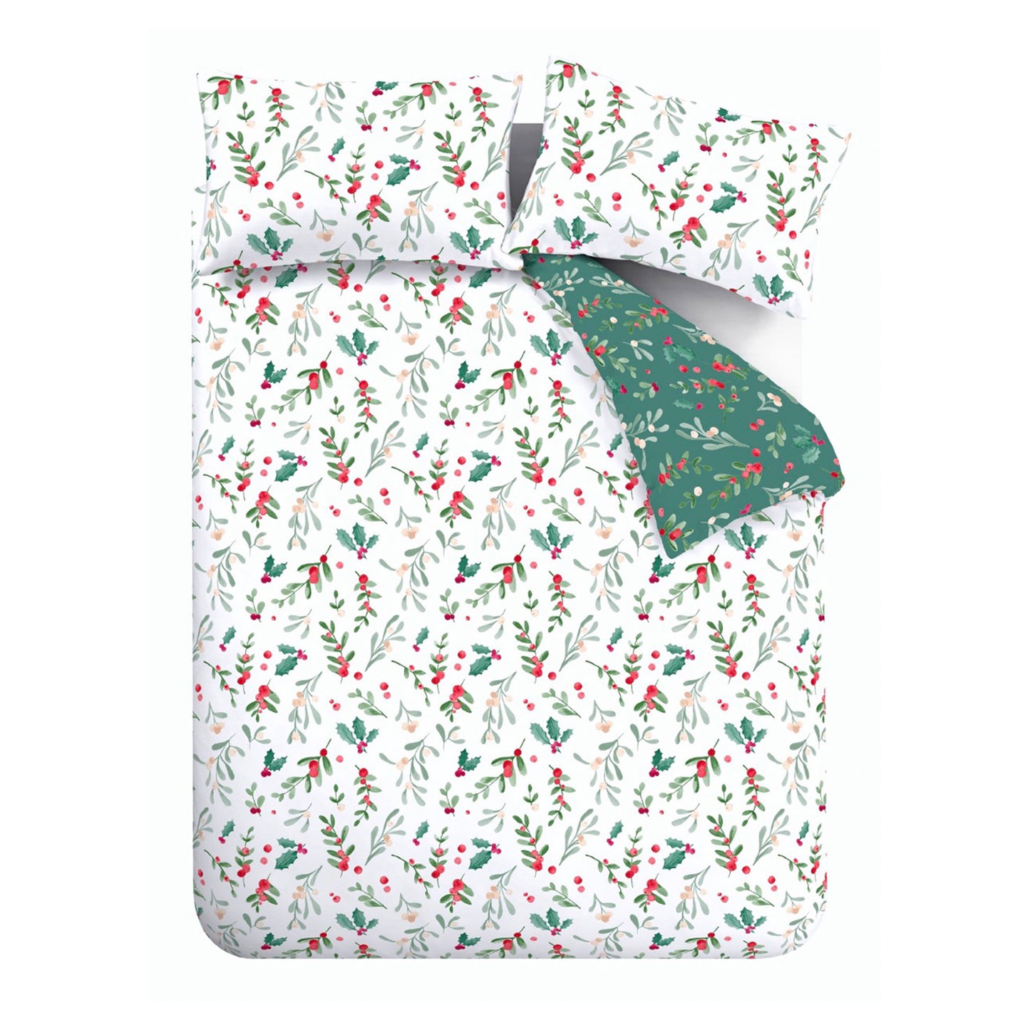 Catherine Lansfield Brushed Christmas Holly & Mistletoe Duvet Cover Set