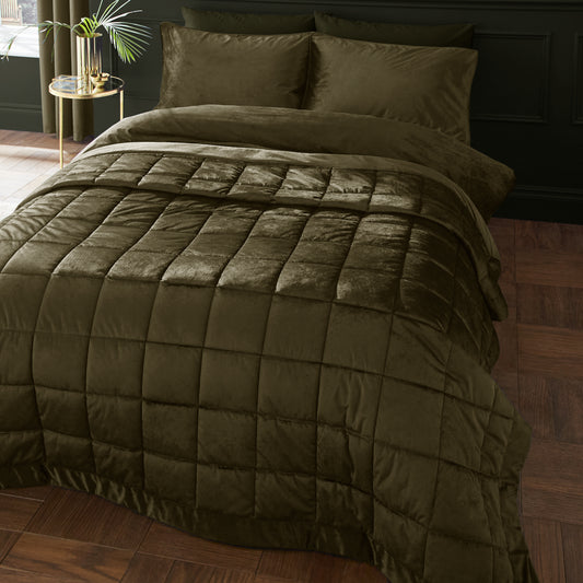 Catherine Lansfield Kingsley Matt Velvet Bedspread - Olive