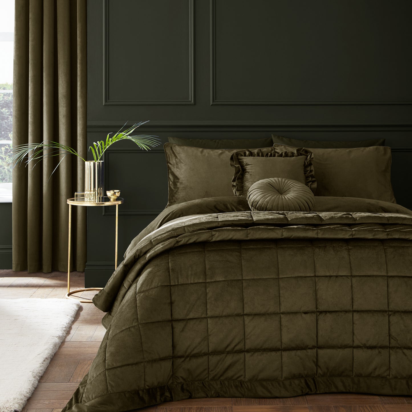 Catherine Lansfield Kingsley Matt Velvet Bedspread - Olive