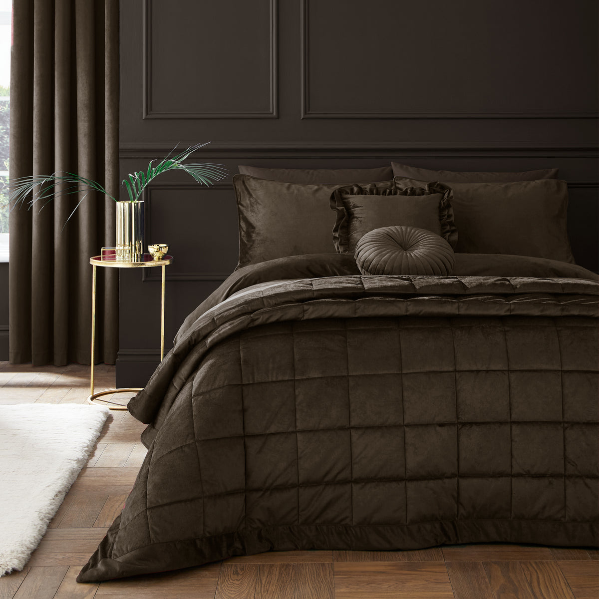 Catherine Lansfield Kingsley Matt Velvet Bedspread - Chocolate