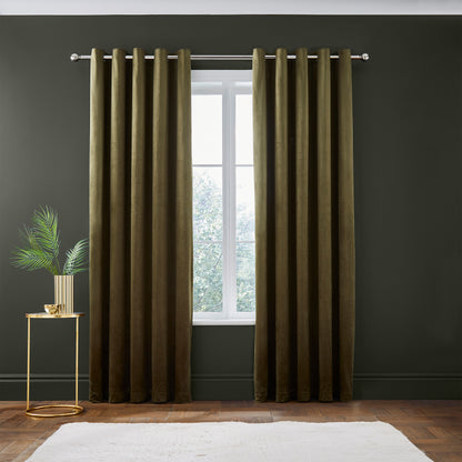 Catherine Lansfield Kingsley Matt Velvet Eyelet Curtains - Olive