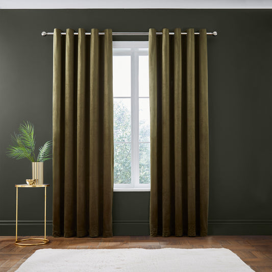 Catherine Lansfield Kingsley Matt Velvet Eyelet Curtains - Olive